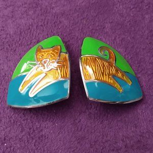 🎬Vintage🎬Enamel Cat Clip Earrings